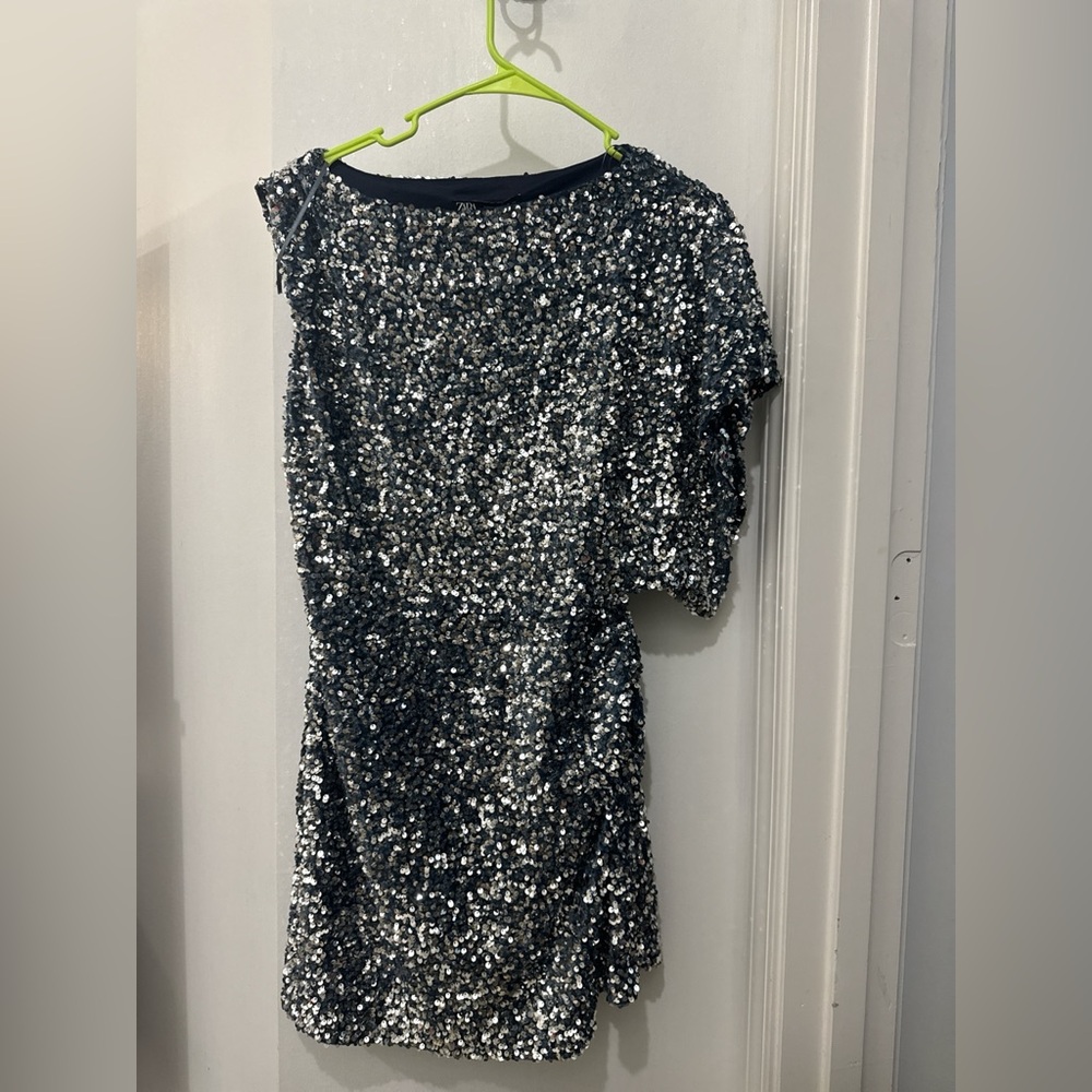 Zara One Shoulder Silver Sequin Dress